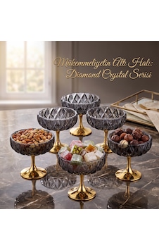 Diamond Crystal Serisi Altın Ayaklı Füme Cam Lokumluk & Çerezlik Seti - 6'lı Diamond Crystal Serisi Altın Ayaklı Füme Cam Lokumluk & Çerezlik Seti - 6'lı