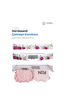 Fd Global Gül Desenli Duvara Monte Katlanır Çamaşır Kurutma Askısı 80 Cm Balkon Askılık Pembe Pembe