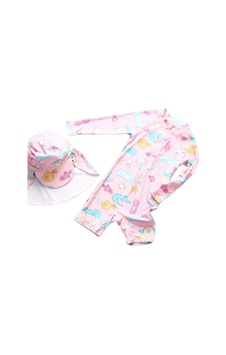 Petityu Upf50+ Kız Çocuk Pembe Hizli Kuruyan Kolay Giyilen Fermuarli Tulum Mayo Sapka Set Pembe