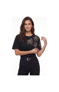 Onloox Kadın Siyah Siyah Pamuklu Esnek Bisiklet Yaka Minimal Form Boncuk Taş Ve Payet İşlemeli Çiçek Desenli T-shirt