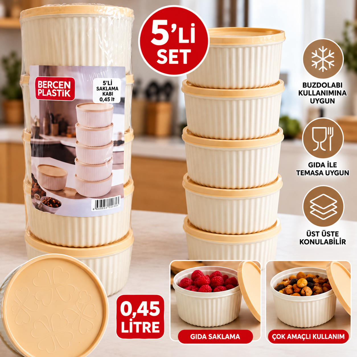 5 Li 450 Ml Saklama Kabı Seti Buzdolabı Uyumlu Çok Amaçlı Gıda Saklama Kabı Bej 5 Li 450 Ml Saklama Kabı Seti Buzdolabı Uyumlu Çok Amaçlı Gıda Saklama Kabı Bej