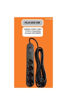 Hi-link Hla-100-2 2 Metre 4 Priz 2 Usb 1 Type-c Termal Akım Korumalı 16a 4000w 0 - 2 M Hi-link Hla-100-2 2 Metre 4 Priz 2 Usb 1 Type-c Termal Akım Korumalı 16a 4000w 0 - 2 M
