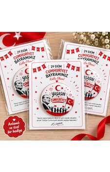10 Adet 44 Mm Kartlı 29 Ekim Cumhuriyet Bayramı Rozet Beyaz - Kırmızı