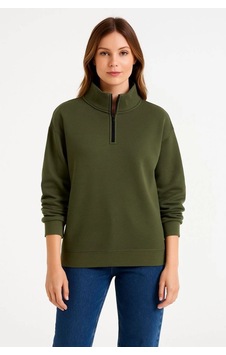 Kadın 3 İplik Dık Yaka Yarım Fermuarlı Sweatshirt - Haki Kadın 3 İplik Dık Yaka Yarım Fermuarlı Sweatshirt - Haki