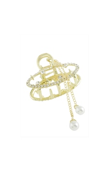 Oval İnci Taşlı Metal Mandal Toka 5 Cm Altın