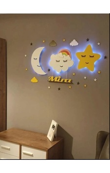 Çocuk Odası Dekoratif Ahşap Ay Gökkuşağı Bulut Yıldız Gece Lambas