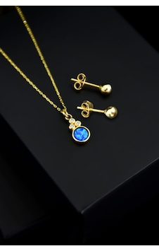 Papatya Silver 925 Ayar Gümüş Gold Kaplama Mavi Opal Yuvarlak Kolye Çivili Top Küpe Set