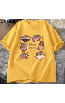 Flood Of Style Tayland Yılında Moo Deng Bouncy Domuz Bebek Hippo Khao Kheow Açık Hayvanat Bahçesi T-shirt Ko Sarı