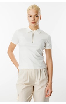 On Fashion Bluz Polo Yaka Yakası Taşlı Ve Fermuarlı Kısa Kol Ekru