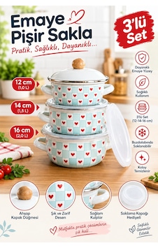 Kalpli 3lü Pişir & Sakla Emaye Tencere Seti 12-14-16 Cm Mavi Alv038 Kalpli 3lü Pişir & Sakla Emaye Tencere Seti 12-14-16 Cm Mavi Alv038