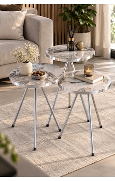 Sulorahome Gümüş Metal Ayaklı Mermer Desenli 3'lü Zigon Sehpa Takımı Beyaz - Ceviz