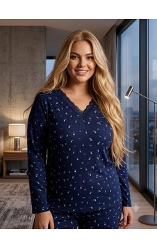 Kadın Büyük Beden Uzun Kollu Desenli Dantel Detaylı Kaşkorse Kumaş Pijama Takımı Lacivert Kadın Büyük Beden Uzun Kollu Desenli Dantel Detaylı Kaşkorse Kumaş Pijama Takımı Lacivert