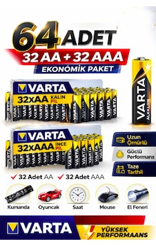 Aa + Aaa Pil 64'lı Set 32 Aa + 32 Aaa 1.5v Ekonomik Toplu Paket Çinko Karbon