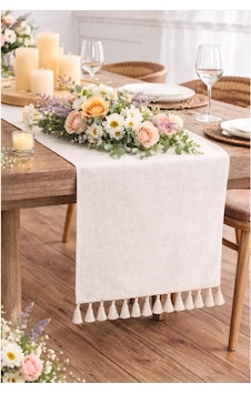 Keten Püsküllü Bohem Runner &dekoratif Örtü 40x80 Cm Bej