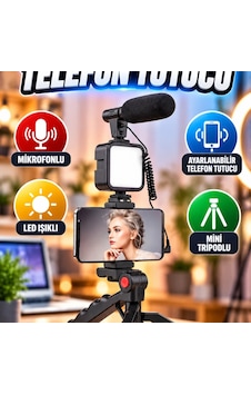 Telefon Tutucu Led Işıklı Mikrofonlu Youtuber Video Kayıt Kiti Mini Tripodlu Set Telefon Tutucu Led Işıklı Mikrofonlu Youtuber Video Kayıt Kiti Mini Tripodlu Set