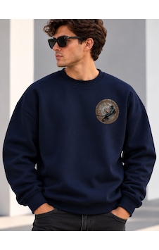 Gıovera Panther Signature Premium Oversize Erkek Sweatshirt %100 Pamuk Lacivert