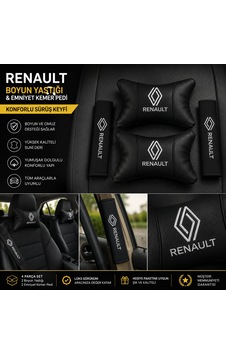 Renault Deri Yastık Ve Kemer Pedi Oto Boyun Yastığı Güvenli Sürüş Deri Konfor Siyah