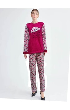 Cici Mod Kadın Kışlık Velsoft Pijama Önü Bulutlu Fuşya