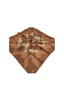 L'awilia Kahverengi Camel Çizgili Geometrik Desen Tivil İpek Eşarp 29011-28