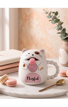 Sevimli Kedi Kapaklı Kaşıklı Seramik Kupa Beyaz Sevimli Kedi Kapaklı Kaşıklı Seramik Kupa Beyaz