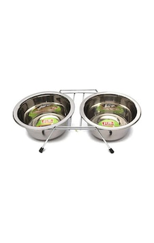 Flip Kedi Ve Köpekler İçin Paslanmaz Çelik İkili Mama Ve Su Kabı 2x450ml