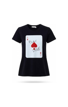 Kadın Siyah Poker Kartı Baskılı Pamuk T-shirt Siyah Kadın Siyah Poker Kartı Baskılı Pamuk T-shirt Siyah