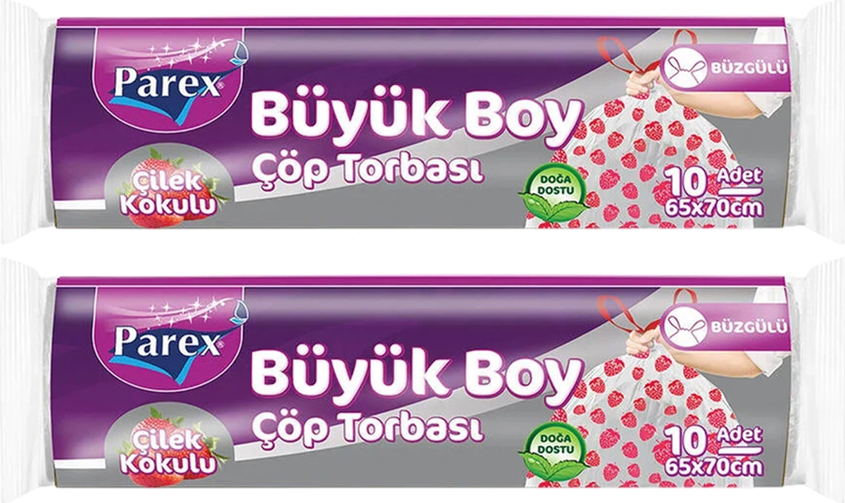 Premium 10'lu Büzgülü Çöp Torbası Çilek Kokulu Büyük Boy 65 X 70 Cm İkili Paket