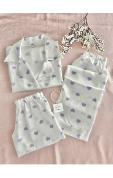 Mh Moony Homewears 3'lü Lila Sevgisi Kalpli Saten Pijama Takımı LILA