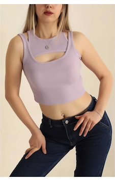 Lucien Vela Kadın Lila/lavanta Rengi Göğüs Dekolteli Ribana Örgü Crop Atlet Bluz Mor