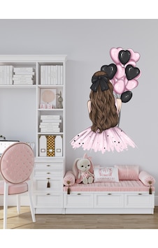 Çocuk Odası Pembe Elbiseli, Pembe Siyah Balonlu Kız Cam, Duvar Sticker