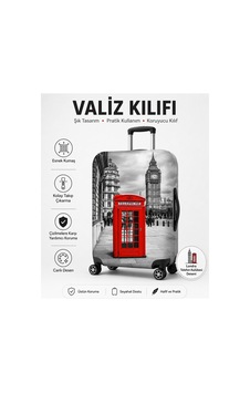Magiclady Londra Telefon Kulübesi Desenli Valiz Kılıfı Esnek Kumaşlı Fermuarlı Koruyucu Bavul Kılıfı Gri