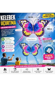 Uçurtma Kelebek Desenli Büyük 150x100cm Uçan Dış Mekan Bahçe Piknik Kız Çocuk Oyuncağı