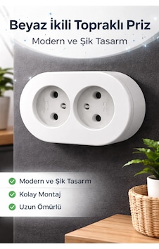 Topraklı Sıva Üstü İkili Set Priz Modern Kırık Beyaz Kolay Kurulum