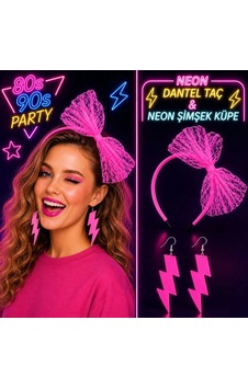 Neon Pembe Dantel Taç Ve Şimşek Küpe 8039ler 9039lar Parti Seti Neon Pembe Dantel Taç Ve Şimşek Küpe 8039ler 9039lar Parti Seti