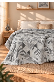 Geometrik %100 Pamuklu Müslin Yatak Örtüsü Pike , Premium Püsküllü Çift Taraflı 220x240 Gri Geometrik %100 Pamuklu Müslin Yatak Örtüsü Pike , Premium Püsküllü Çift Taraflı 220x240 Gri
