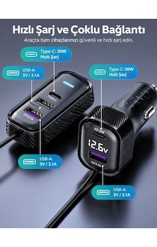 Yq6 Pd 30w Araç Şarj Cihazı 2x Type-c + 3x Usb, 1.5m Uzatma Kablosu Yq6 Pd 30w Araç Şarj Cihazı 2x Type-c + 3x Usb, 1.5m Uzatma Kablosu