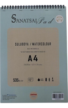 Sanatsal Pad Sulu Boya Resim Defteri A4 535gr 12 Yaprak Spiralli