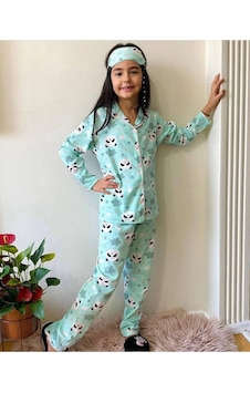Kıpırık Baby Erkek Çocuk Düğmeli Panda Desenli Uzun Kollu Pijama Takımı-994 Mavi