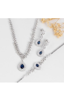Gümüş Pazarım Hürrem Sultan Modeli Safir Taşllı Damla Motifli 925 Ayar Gümüş Set Gümüş