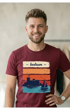 Baranışık Bodrum Kalesi Ve Yelkenli Retro Baskılı Unisex Beyaz Tişört Bordo