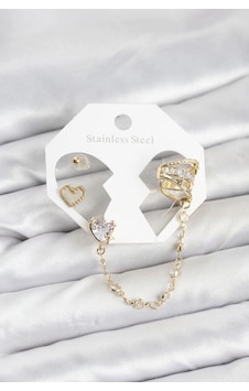 Mey İthalat Pirinç Gold Renk Kalp Model Zincir Bağlantılı Ear Cuff Küpe Seti çok renkli Mey İthalat Pirinç Gold Renk Kalp Model Zincir Bağlantılı Ear Cuff Küpe Seti çok renkli