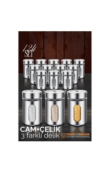 Zenvac Cam+çelik Tuzluk Biberlik Karabiberlik 3 Farklı Delikli 12 Li Set 721946 Zenvac29 Renkli