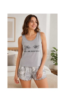 Tenra Kadın Şortlu Pijama Takımı Askılı Üst Desenli Şort Yazlık Ev Giyim Gri Tenra Kadın Şortlu Pijama Takımı Askılı Üst Desenli Şort Yazlık Ev Giyim Gri