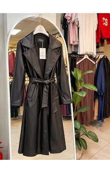 Nirva Butik Deri Uzun Trenç Siyah Nirva Butik Deri Uzun Trenç Siyah