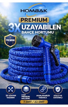 3x Uzayan Bahçe Hortumu 7.5-22.5 Metre Ayarlanabilir Tabancalı Premium Sulama Hortumu Mavi