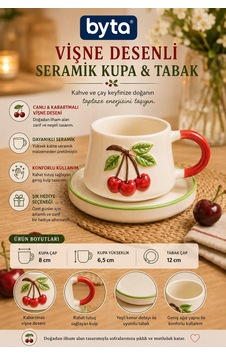 Vişne Desenli Seramik Tabaklı Kupa Bardak Kabartmalı El Yapımı Görünümlü Kahve Ve Çay Fincanı Seti Beyaz Vişne Desenli Seramik Tabaklı Kupa Bardak Kabartmalı El Yapımı Görünümlü Kahve Ve Çay Fincanı Seti Beyaz