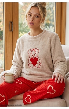 Siyah İnci Krem Nakışlı Üst Wellsoft Alt Polar Kışlık Örme Pijama Takım 26221708 Siyah İnci Krem Nakışlı Üst Wellsoft Alt Polar Kışlık Örme Pijama Takım 26221708