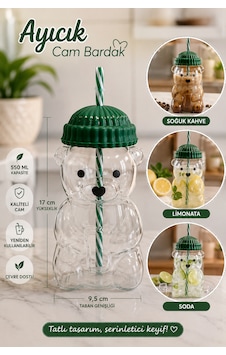 Barista Ayıcık Figürlü Cam Soğuk İçecek Limonata Meşrubat Bardağı Silikon Pipet Ve Kapaklı 550 Ml Şeffaf Barista Ayıcık Figürlü Cam Soğuk İçecek Limonata Meşrubat Bardağı Silikon Pipet Ve Kapaklı 550 Ml Şeffaf