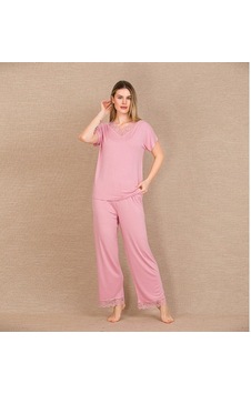Civetta Viskonşık Tasarım Dantel İşlemeli Pembe Kısa Kol Pijama Takımı