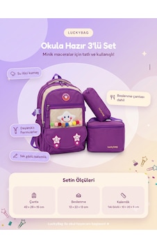 3'lü Set Çocuk İlkokul Çantası Kalemlikli Beslenme Çantalı Sırt Çantası Mor 3'lü Set Çocuk İlkokul Çantası Kalemlikli Beslenme Çantalı Sırt Çantası Mor